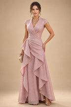 Sheath/Column Off Shoulder Stretch Jersey Floor-Length Mother of the Bride & Groom Dresses with Lace Appliques Sleeves & Slit (SHI22501550)