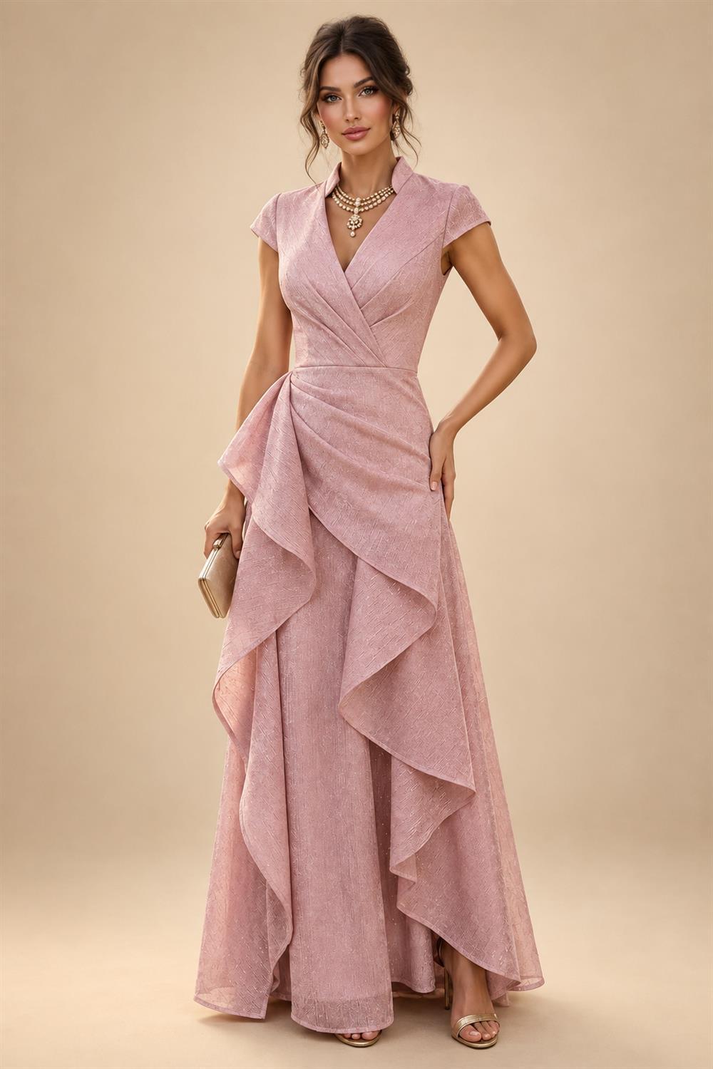 Cape Sleeve Floral Jacquard Satin Tea-Length Ruched Mother of the Bride Dresses 2 Piece (SHIA22500528)
