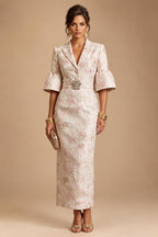 Sheath Satin Tea-Length Mother of the Bride & Groom Dresses with 3/4 Bell Sleeves & Crystal Embellished Belt (SHI22500471)