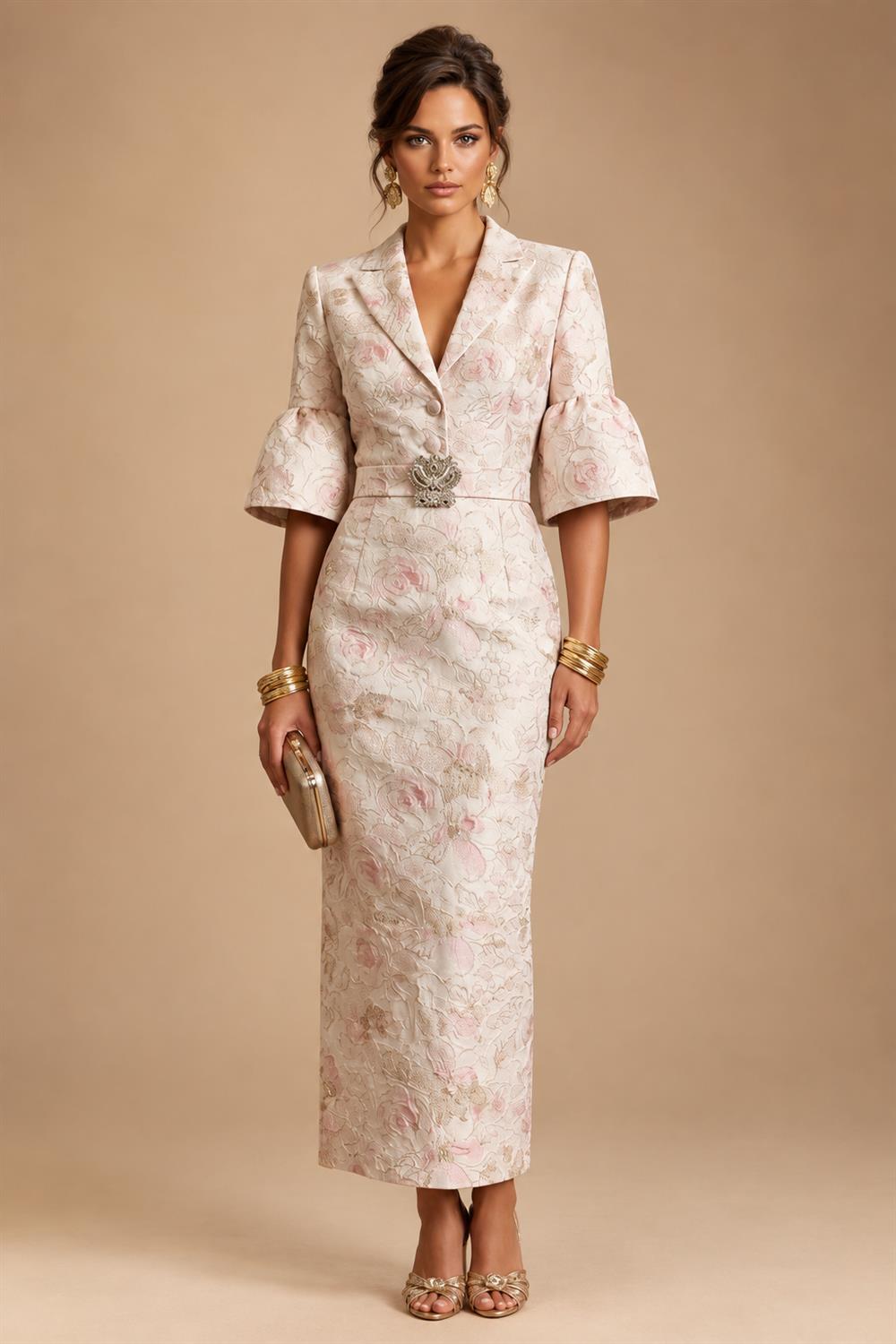 Sheath Satin Tea-Length Mother of the Bride & Groom Dresses with 3/4 Bell Sleeves & Crystal Embellished Belt (SHI22500471)