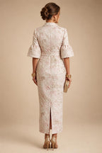 Sheath Satin Tea-Length Mother of the Bride & Groom Dresses with 3/4 Bell Sleeves & Crystal Embellished Belt (SHI22500471)