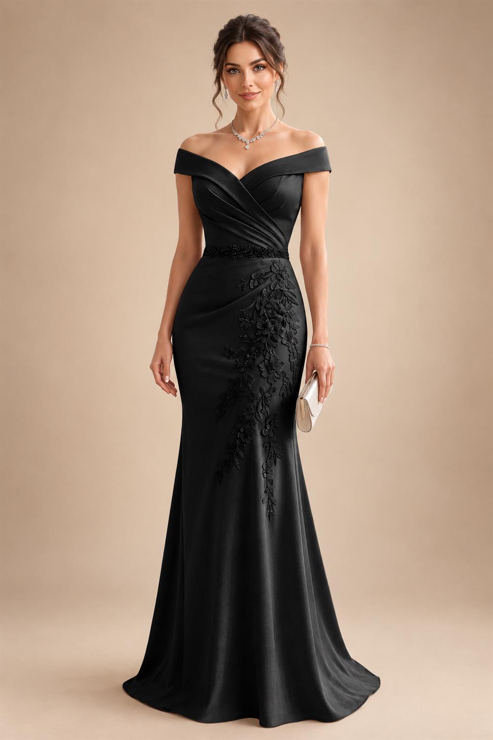 Sheath/Column Off Shoulder Chiffon Floor-Length Mother of the Bride & Groom Dresses with Lace Appliques (SHI22501551)