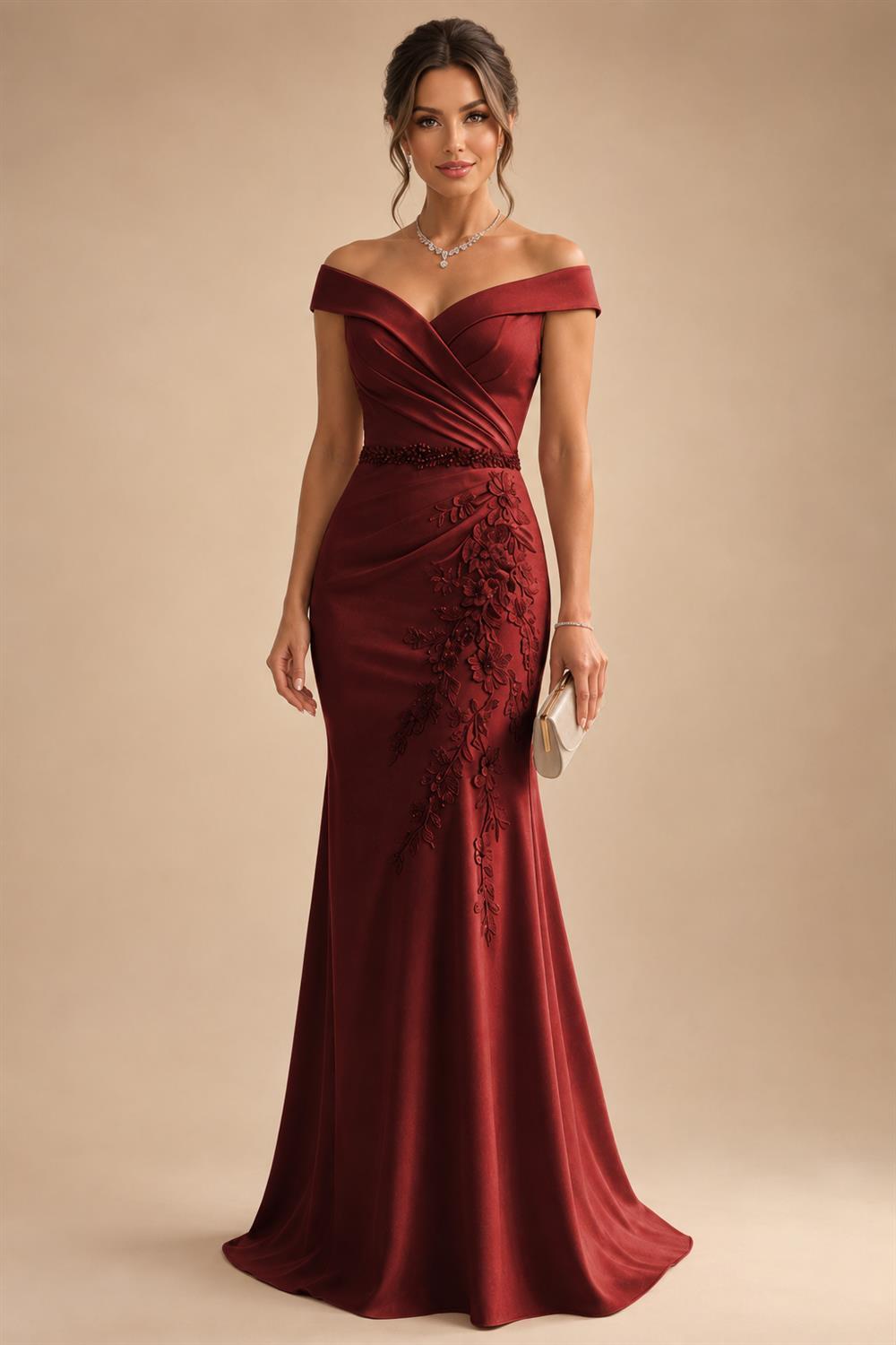 Sheath/Column Off Shoulder Chiffon Floor-Length Mother of the Bride & Groom Dresses with Lace Appliques (SHI22501551)