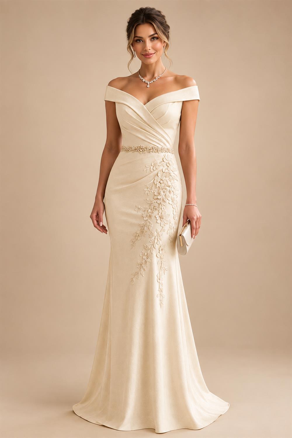 Sheath/Column Off Shoulder Chiffon Floor-Length Mother of the Bride & Groom Dresses with Lace Appliques (SHI22501551)