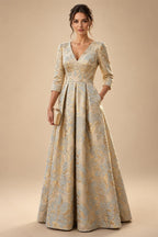 Jacquard A-Line/Princess V-Neck Floor-Length Mother of the Bride & Groom Dresses with Ruched Waist & Pockets (SHI22501298)