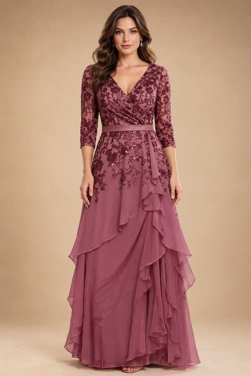A-Line/Princess V-Neck Chiffon Floor-Length Mother of the Bride & Groom Dresses with Lace Appliques & Ruffles (SHI22501563)
