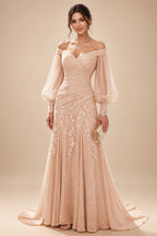 A-Line/Princess Off Shoulder Chiffon Floor-Length Mother of the Bride & Groom Dresses with Lace Appliques & Pleats (SHI22501566)