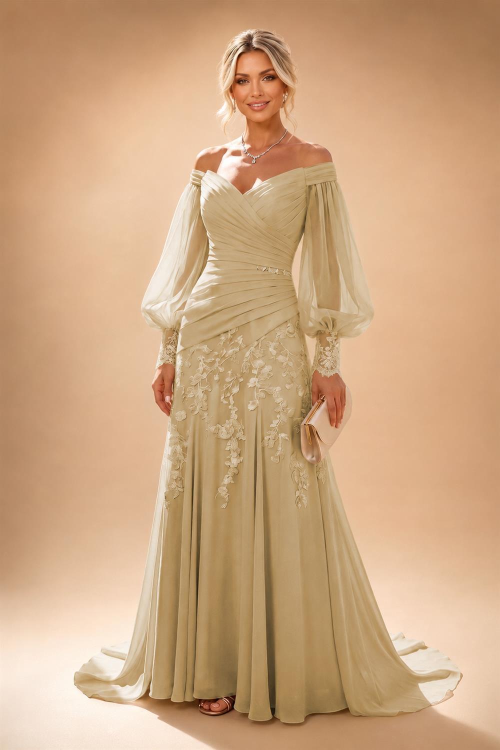 A-Line/Princess Off Shoulder Chiffon Floor-Length Mother of the Bride & Groom Dresses with Lace Appliques & Pleats (SHI22501566)