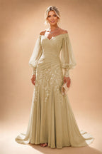 A-Line/Princess Off Shoulder Chiffon Floor-Length Mother of the Bride & Groom Dresses with Lace Appliques & Pleats (SHI22501566)