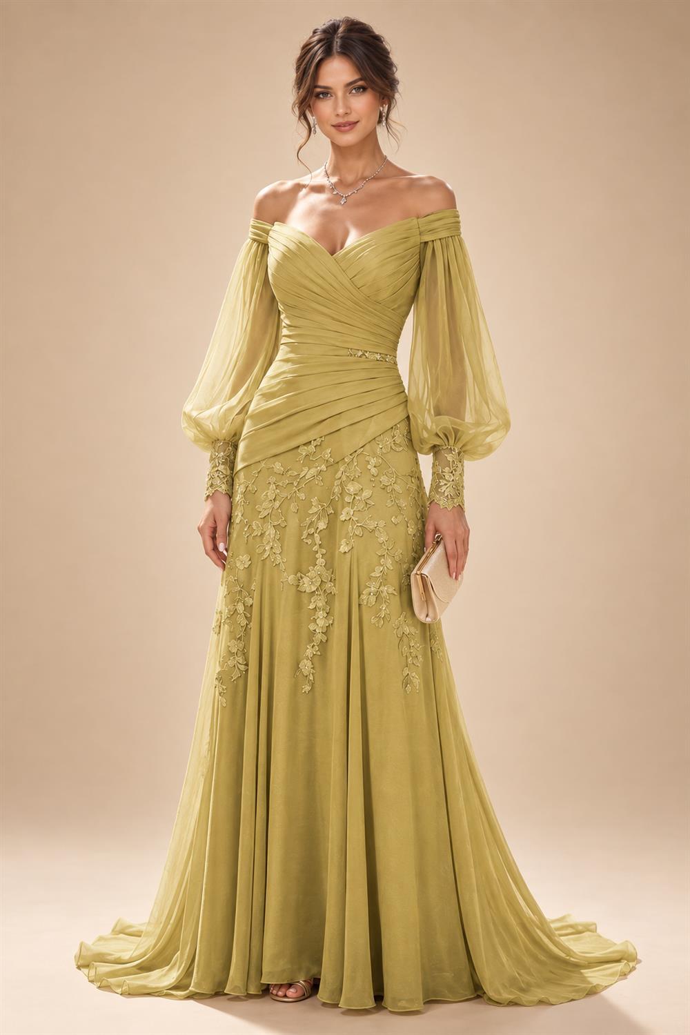 A-Line/Princess Off Shoulder Chiffon Floor-Length Mother of the Bride & Groom Dresses with Lace Appliques & Pleats (SHI22501566)