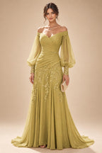 A-Line/Princess Off Shoulder Chiffon Floor-Length Mother of the Bride & Groom Dresses with Lace Appliques & Pleats (SHI22501566)