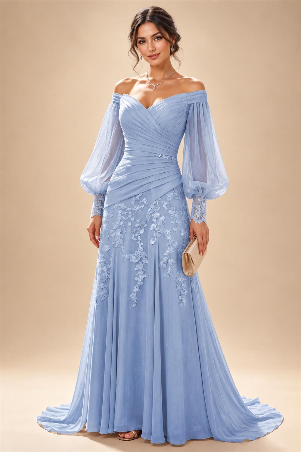 A-Line/Princess Off Shoulder Chiffon Floor-Length Mother of the Bride & Groom Dresses with Lace Appliques & Pleats (SHI22501566)