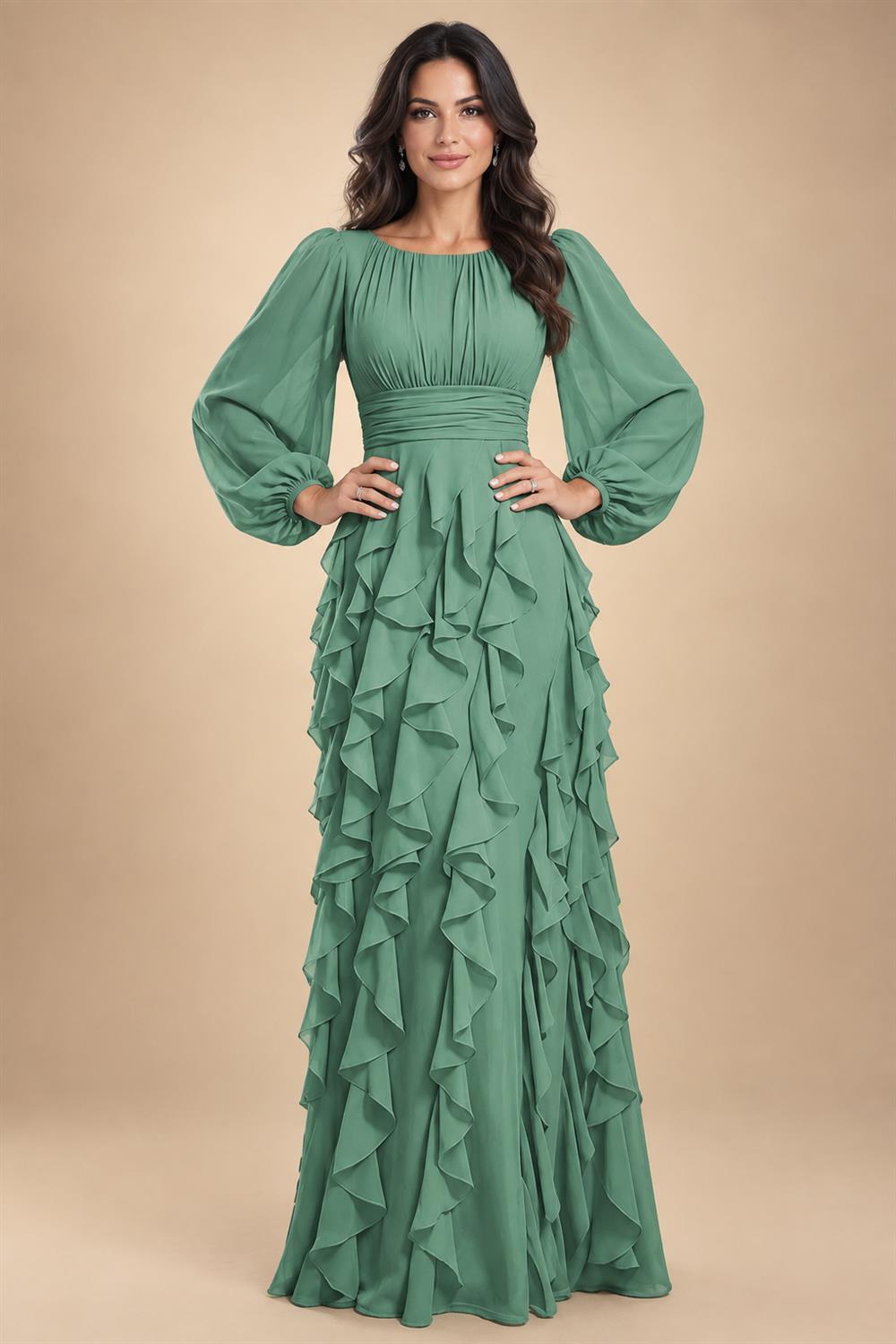 A-Line/Princess Scoop Neck Chiffon Maxi Mother of the Bride & Groom Dresses with Ruffles (SHI22501599)
