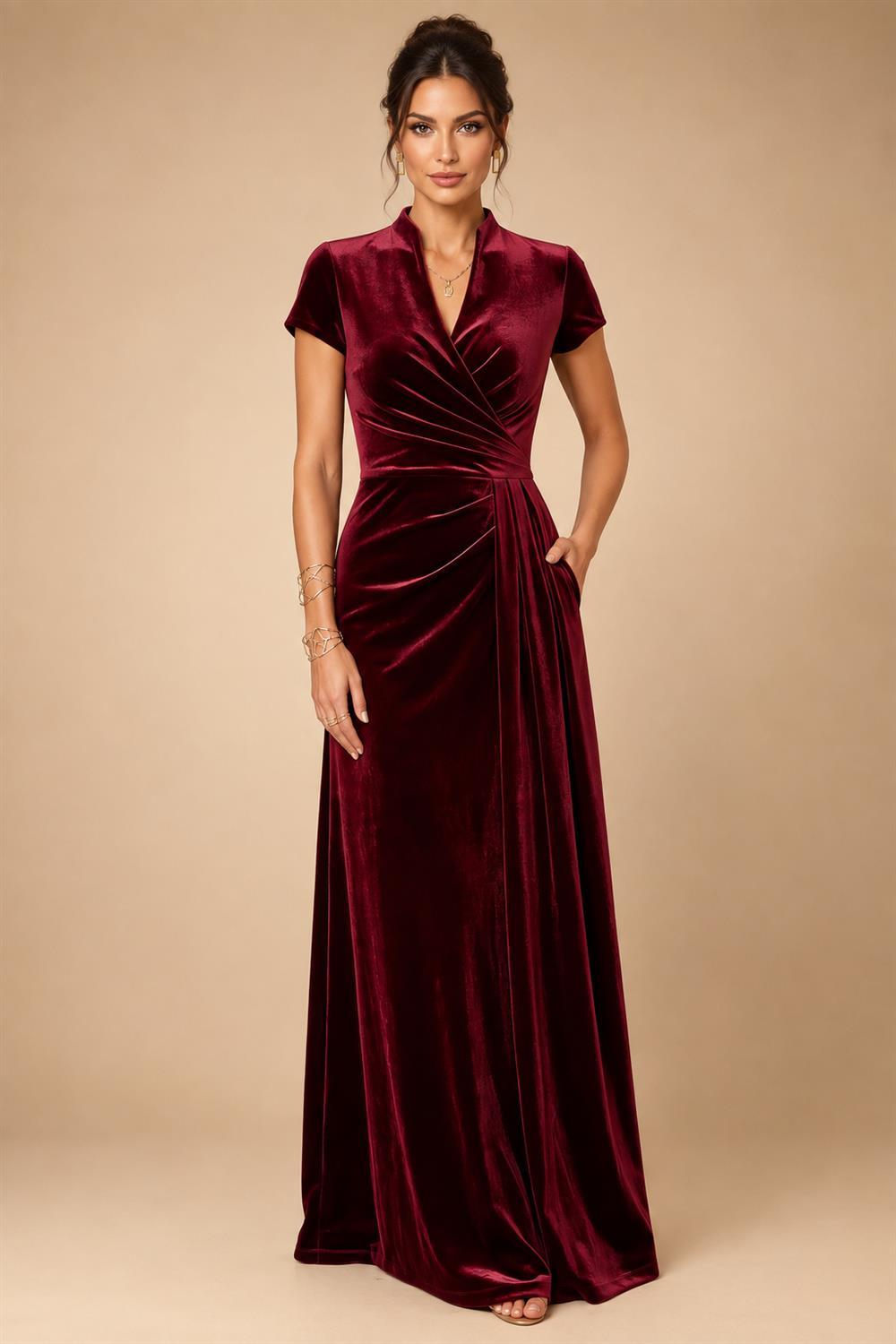 A-Line/Princess V-Neck Velvet Floor-Length Mother of the Bride & Groom Dresses with Ruched Waist (SHI22501614)