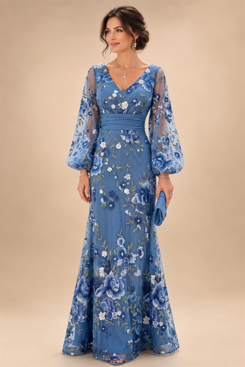 A-Line/Princess V-Neck Floral Embroidery Maxi Mother of the Bride & Groom Dresses with Ruched Waist (SHI22501624)