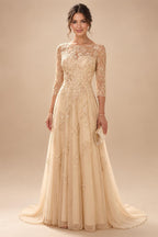 A-Line/Princess Scoop Neck Chiffon Maxi Mother of the Bride & Groom Dresses with Lace Appliques, Sweep Train & Pleats (SHI22501636)