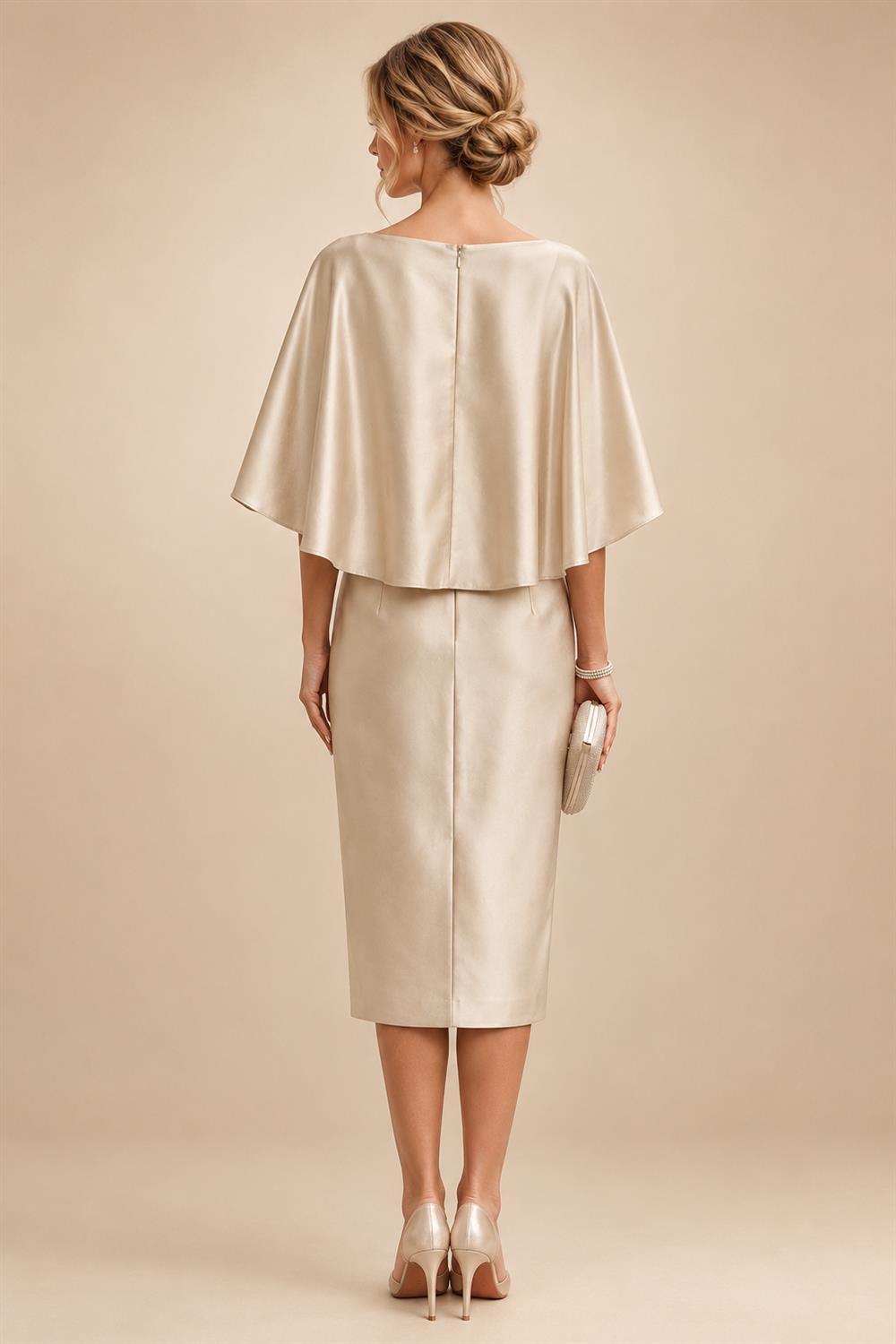 Sheath/Column Scoop Neck Satin Tea-Length Mother of the Bride & Groom Dresses with Ruched Waist & Rhinestones (SHI22501657)
