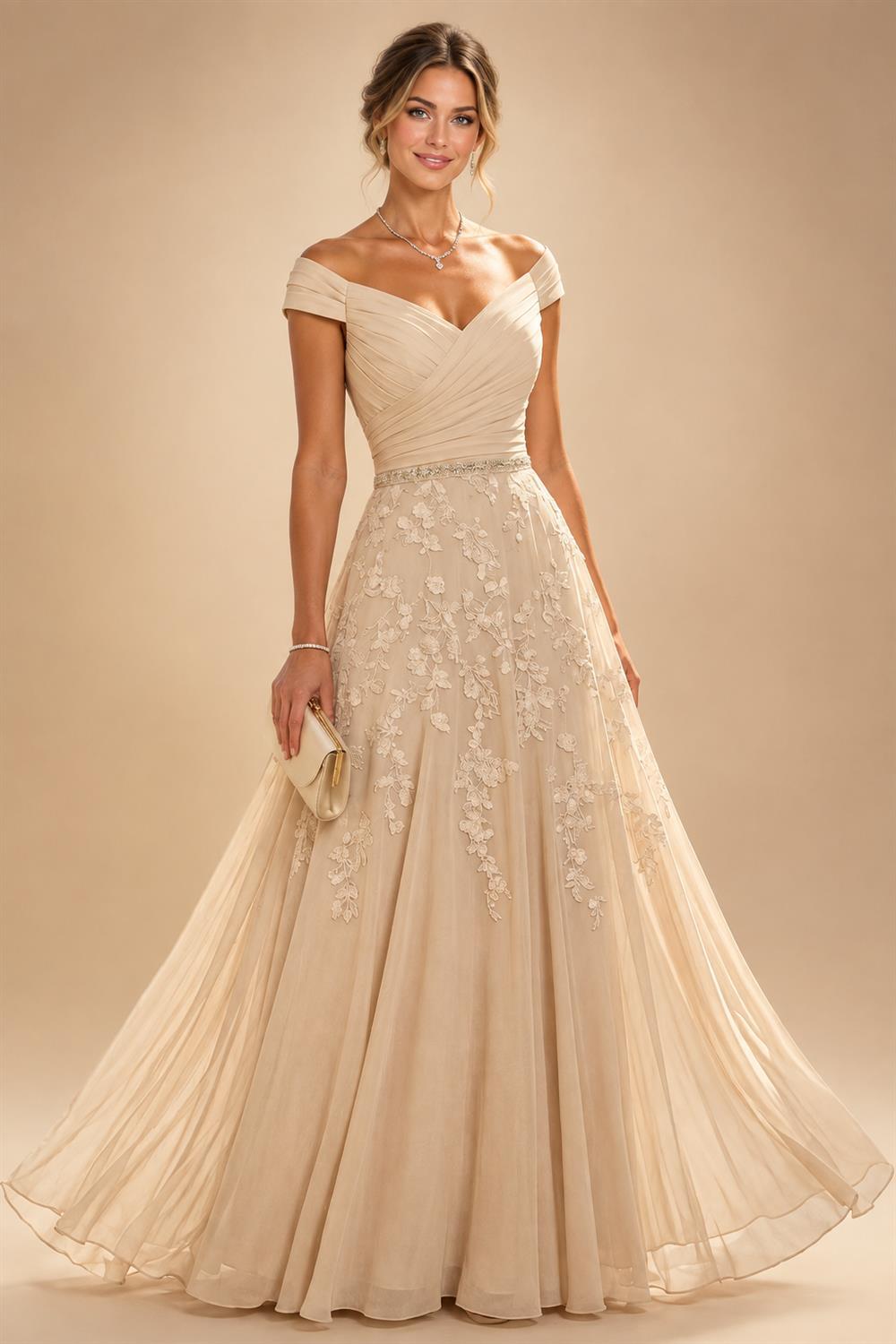 A-Line/Princess Off Shoulder Chiffon Floor-Length Mother of the Bride & Groom Dresses with Sequin, Lace Appliques & Pleats (SHI22501662)
