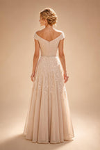 A-Line/Princess Off Shoulder Chiffon Floor-Length Mother of the Bride & Groom Dresses with Sequin, Lace Appliques & Pleats (SHI22501662)