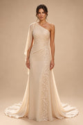 A-Line/Princess One Shoulder Chiffon Floor-Length Mother of the Bride & Groom Dresses with Lace Appliques, Sweep Train & Side Sash (SHI22501663)
