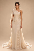 A-Line/Princess One Shoulder Chiffon Floor-Length Mother of the Bride & Groom Dresses with Lace Appliques, Sweep Train & Side Sash (SHI22501663)