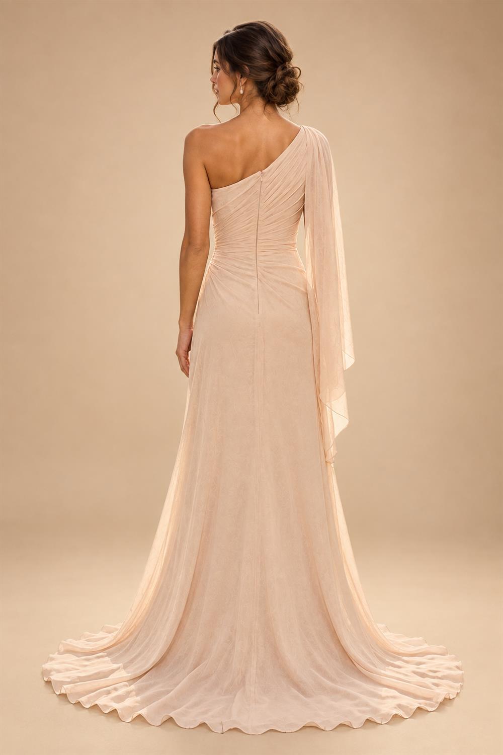 A-Line/Princess One Shoulder Chiffon Floor-Length Mother of the Bride & Groom Dresses with Lace Appliques, Sweep Train & Side Sash (SHI22501663)