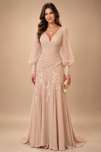 A-Line/Princess V-Neck Chiffon Floor-Length Mother of the Bride & Groom Dresses with Lace Appliques & Ruched Waist (SHI22501678)