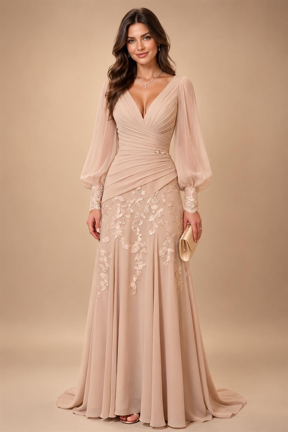 A-Line/Princess V-Neck Chiffon Floor-Length Mother of the Bride & Groom Dresses with Lace Appliques & Ruched Waist (SHI22501678)