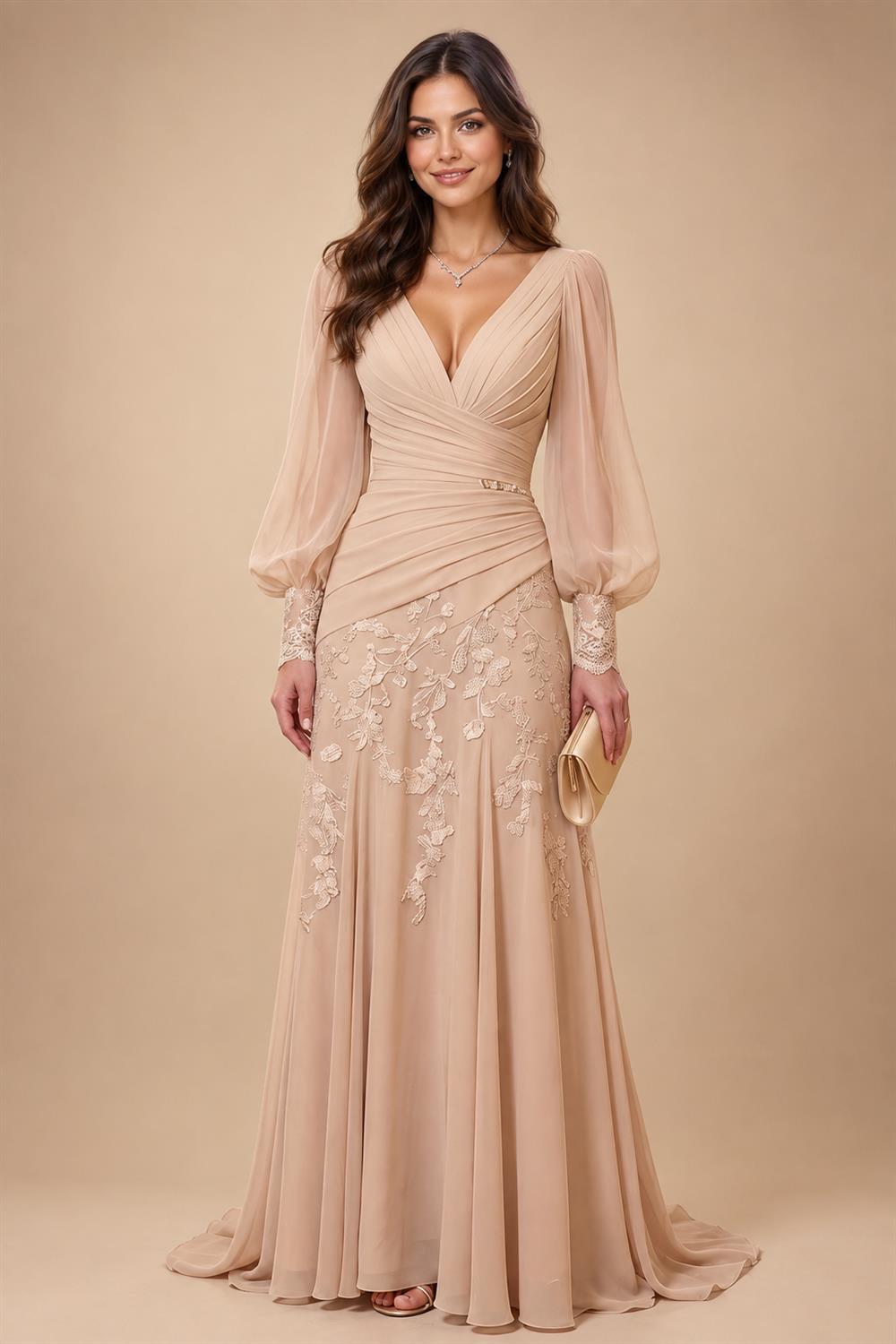 A-Line/Princess V-Neck Chiffon Floor-Length Mother of the Bride & Groom Dresses with Lace Appliques & Ruffles (SHI22501563)
