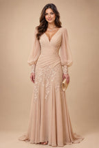 A-Line/Princess V-Neck Chiffon Floor-Length Mother of the Bride & Groom Dresses with Lace Appliques & Ruffles (SHI22501563)