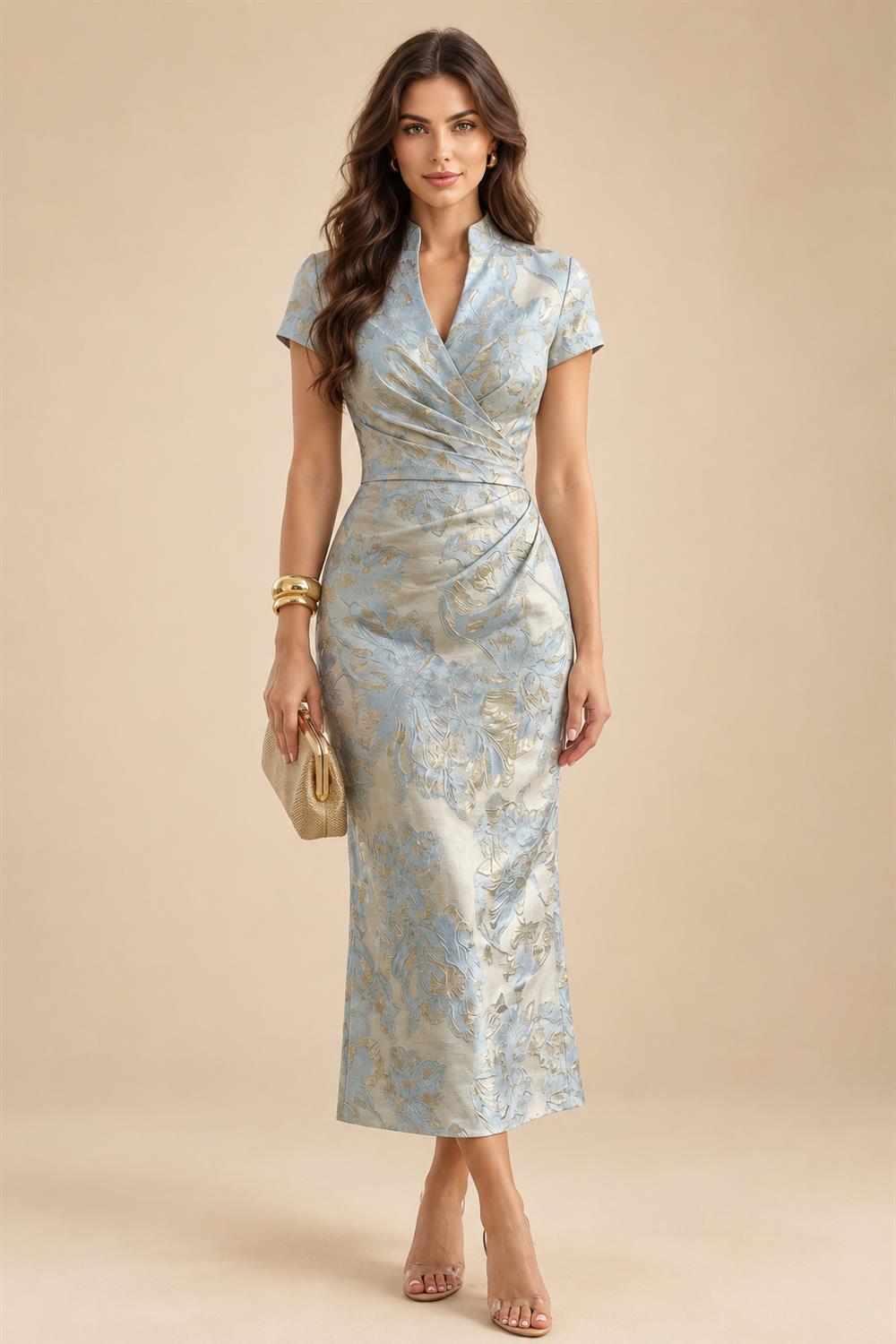 Cape Sleeve Floral Jacquard Satin Tea-Length Ruched Mother of the Bride Dresses 2 Piece (SHIA22500528)