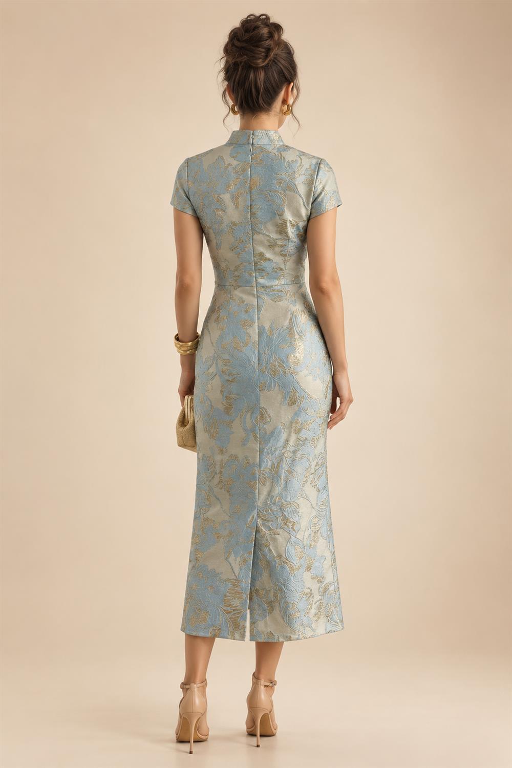Cape Sleeve Floral Jacquard Satin Tea-Length Ruched Mother of the Bride Dresses 2 Piece (SHIA22500528)