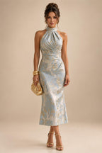 Cape Sleeve Floral Jacquard Satin Tea-Length Ruched Mother of the Bride Dresses 2 Piece (SHIA22500528)