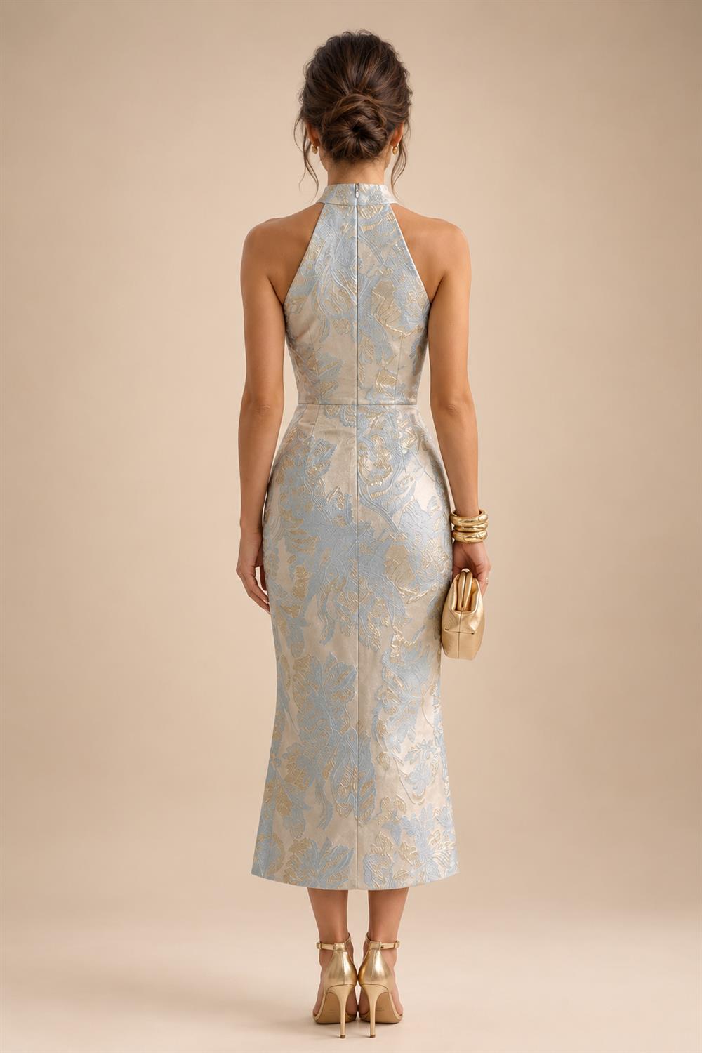 Pantsuit Scoop Neck Satin Maxi Mother of the Bride Pantsuits with Fluffy Feather Trim Cuffs (SHI22501692)