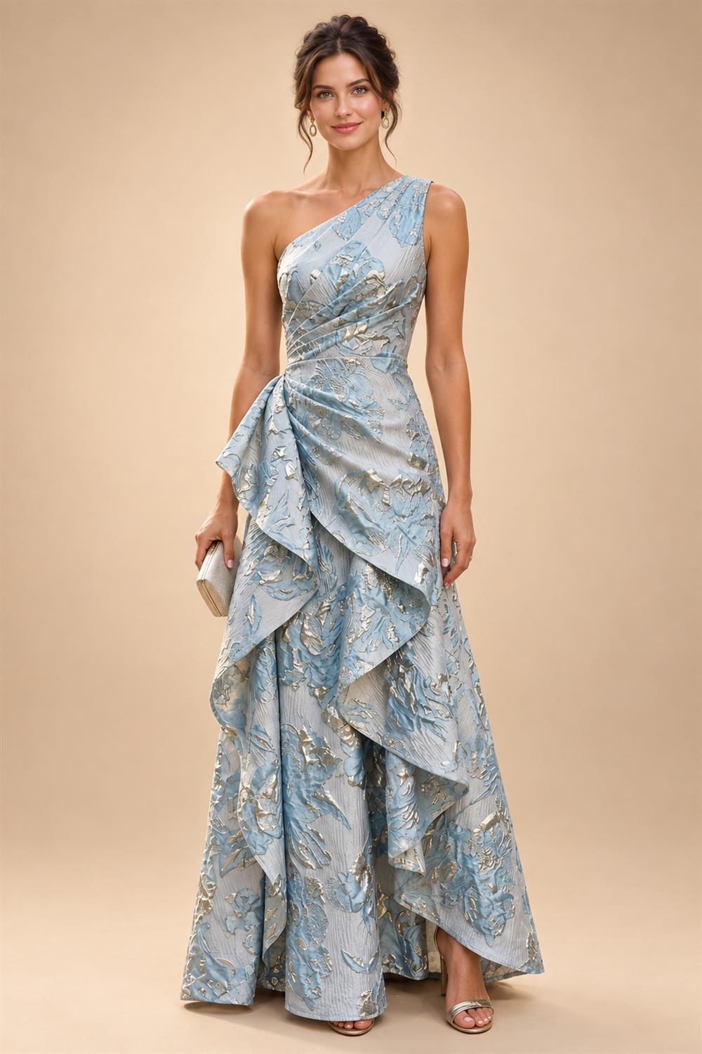 Cape Sleeve Floral Jacquard Satin Tea-Length Ruched Mother of the Bride Dresses 2 Piece (SHIA22500528)