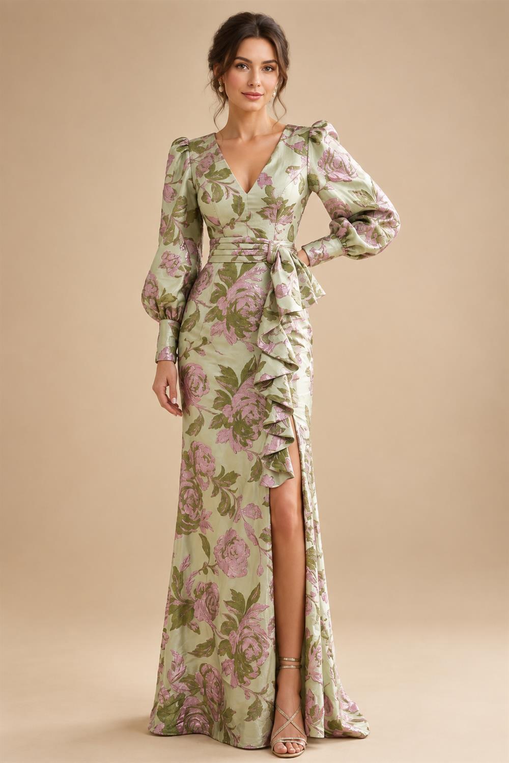 A-Line/Princess V-Neck Floral Embroidery Maxi Mother of the Bride & Groom Dresses with Ruched Waist (SHI22501624)
