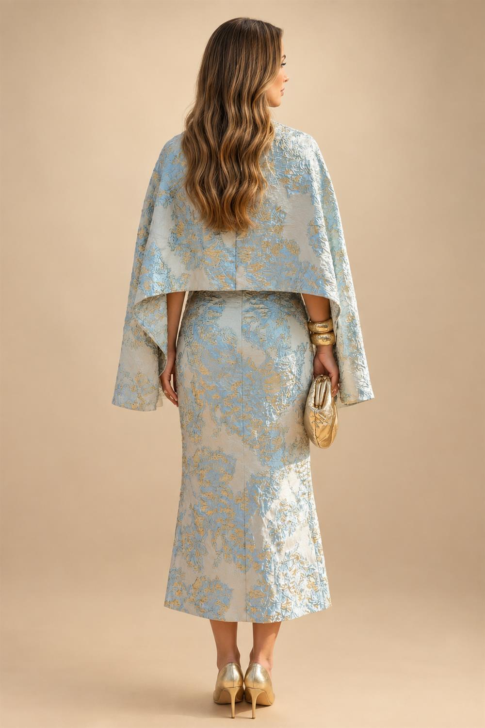 Cape Sleeve Jacquard Satin Ruched Mother of the Bride Dresses 2 Piece (SHI22500528)