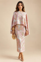 Cape Sleeve Floral Jacquard Satin Tea-Length Ruched Mother of the Bride Dresses 2 Piece (SHIA22500528)