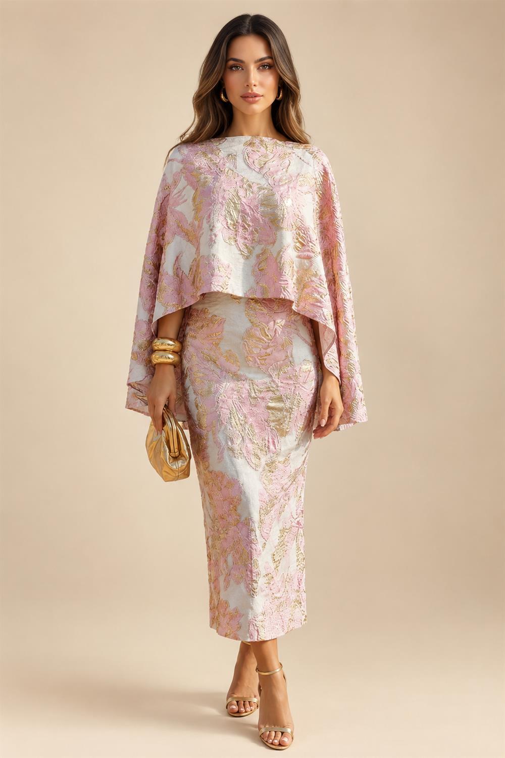 Cape Sleeve Floral Jacquard Satin Tea-Length Ruched Mother of the Bride Dresses 2 Piece (SHIA22500528)