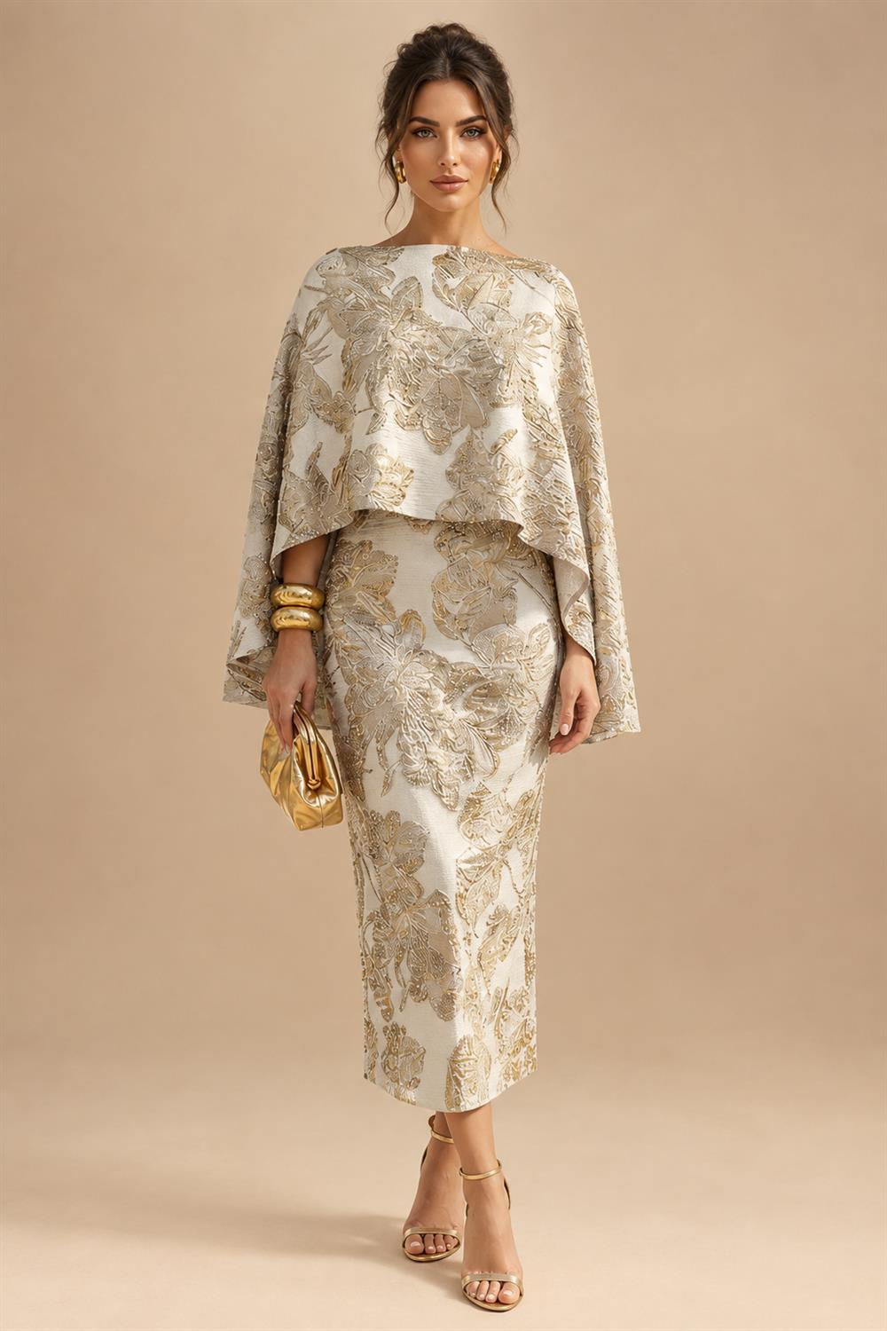Cape Sleeve Floral Jacquard Satin Tea-Length Ruched Mother of the Bride Dresses 2 Piece (SHIA22500528)