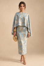 Cape Sleeve Floral Jacquard Satin Tea-Length Ruched Mother of the Bride Dresses 2 Piece (SHIA22500528)