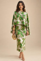 Cape Sleeve Floral Jacquard Satin Tea-Length Ruched Mother of the Bride Dresses 2 Piece (SHIA22500528)