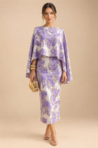 Cape Sleeve Floral Jacquard Satin Tea-Length Ruched Mother of the Bride Dresses 2 Piece (SHIA22500528)