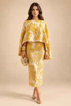 Cape Sleeve Floral Jacquard Satin Tea-Length Ruched Mother of the Bride Dresses 2 Piece (SHIA22500528)