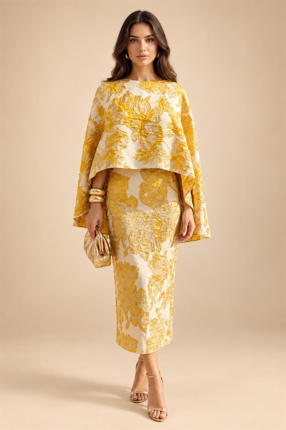 Cape Sleeve Floral Jacquard Satin Tea-Length Ruched Mother of the Bride Dresses 2 Piece (SHIA22500528)