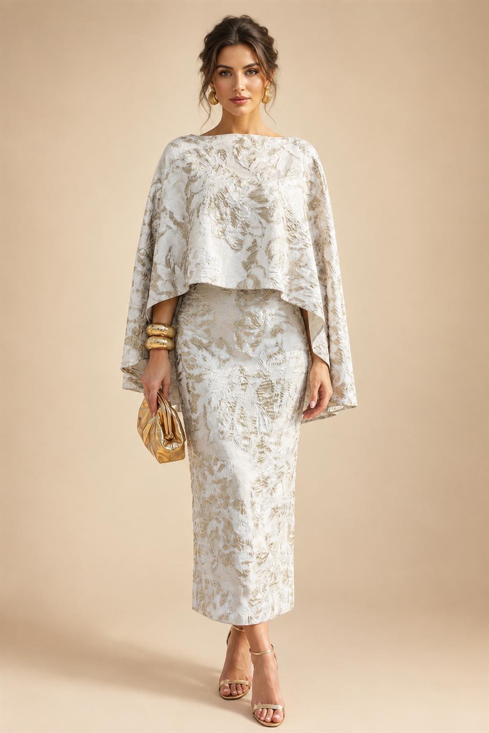 Cape Sleeve Floral Jacquard Satin Tea-Length Ruched Mother of the Bride Dresses 2 Piece (SHIA22500528)