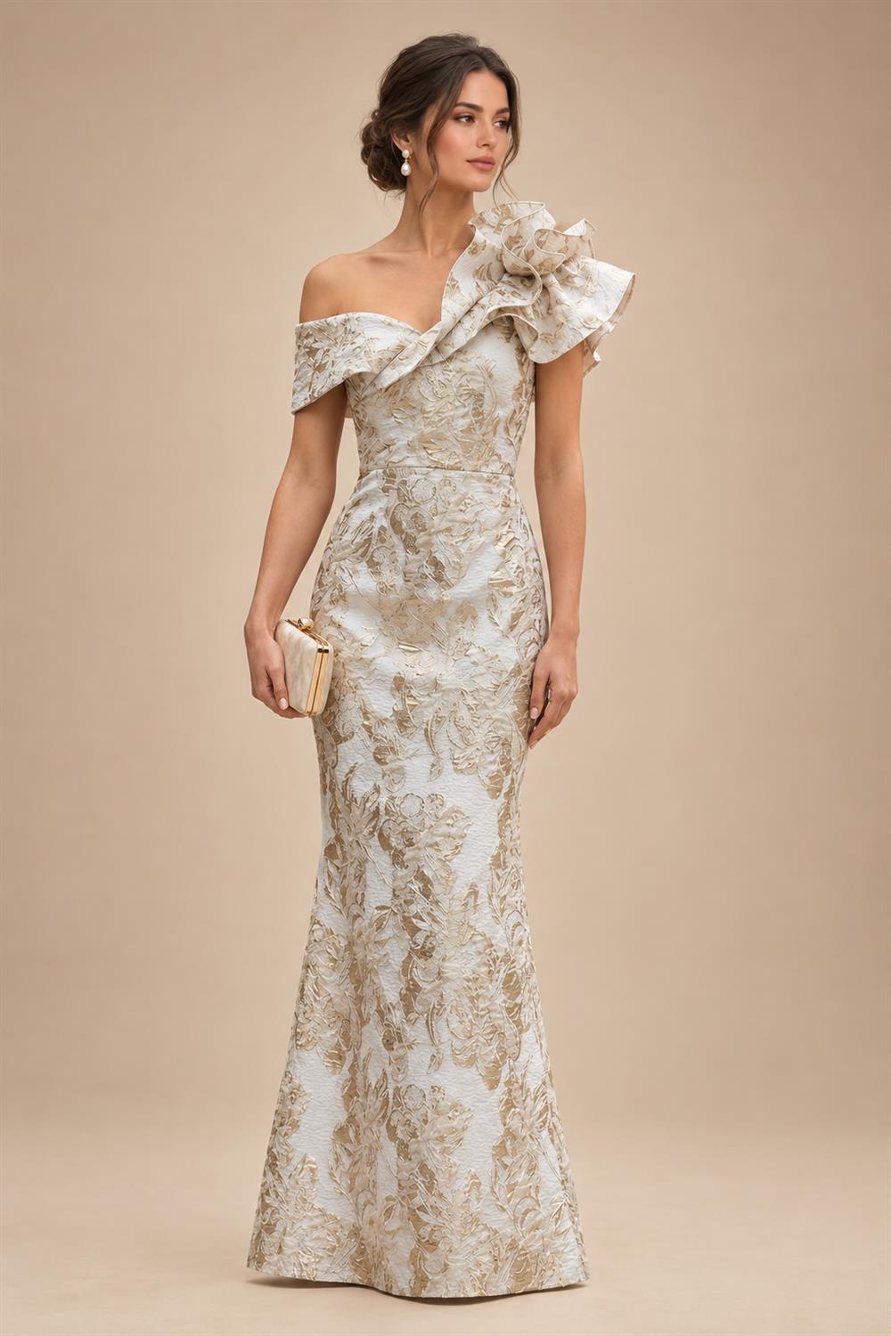 Sheath Floral Jacquard Off Shoulder Mother of the Bride & Groom Dresses with Flower (SHI22500777)