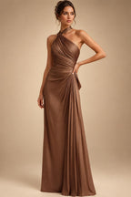 A-Line/Princess Scoop Neck Pleated Satin Evening Dresses with Sequins (SHI22500066)