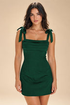 Satin Bodycon Spaghetti Straps Short Homecoming Dresses with Ruched Bodice (SHI22370321)