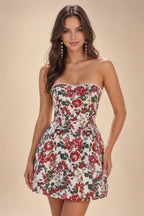 Jacquard A-Line/Princess Strapless Mini Homecoming Dresses with Bow & Pearls (SHI22370329)